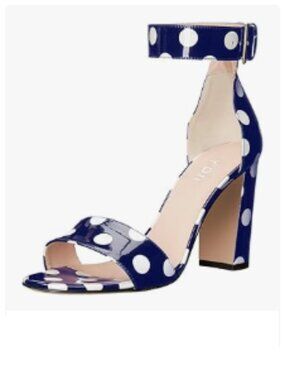 YDN Navy Chunky High Heel Sandals Polka Dot with Ankle Strap Dressing Prom Shoes